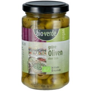 bio-verde Grüne Oliven ohne Stein mit frischen Kräutern in Öl-Marinade - Bio - 200g
