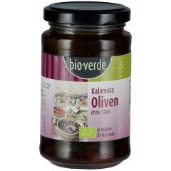 bio-verde Schwarze Kalamata-Oliven ohne Stein mit frischen Kräutern in Öl-Marinade - Bio - 200g
