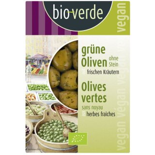 bio-verde Grüne Oliven ohne Stein mariniert mit frischen Kräutern - Bio - 150g