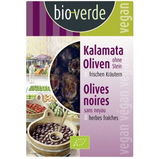 bio-verde Schwarze Kalamata-Oliven ohne Stein mariniert mit frischen Kräutern - Bio - 150g